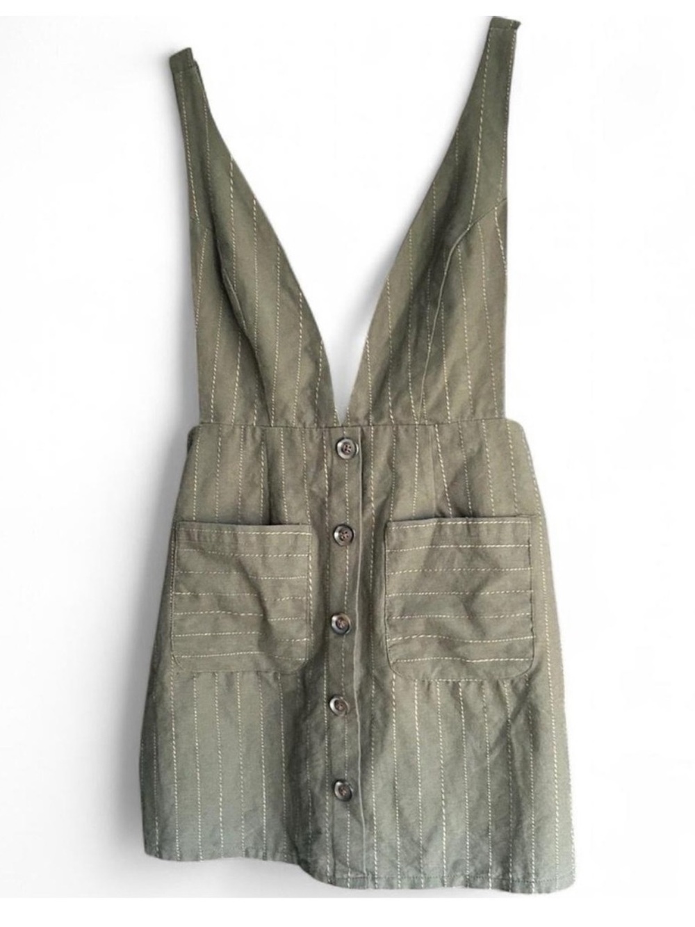 Hayden Jumper Pinafore Olive Green Pinstripe Overall Dress Buttons 100% Cotton - Picture 10 of 14